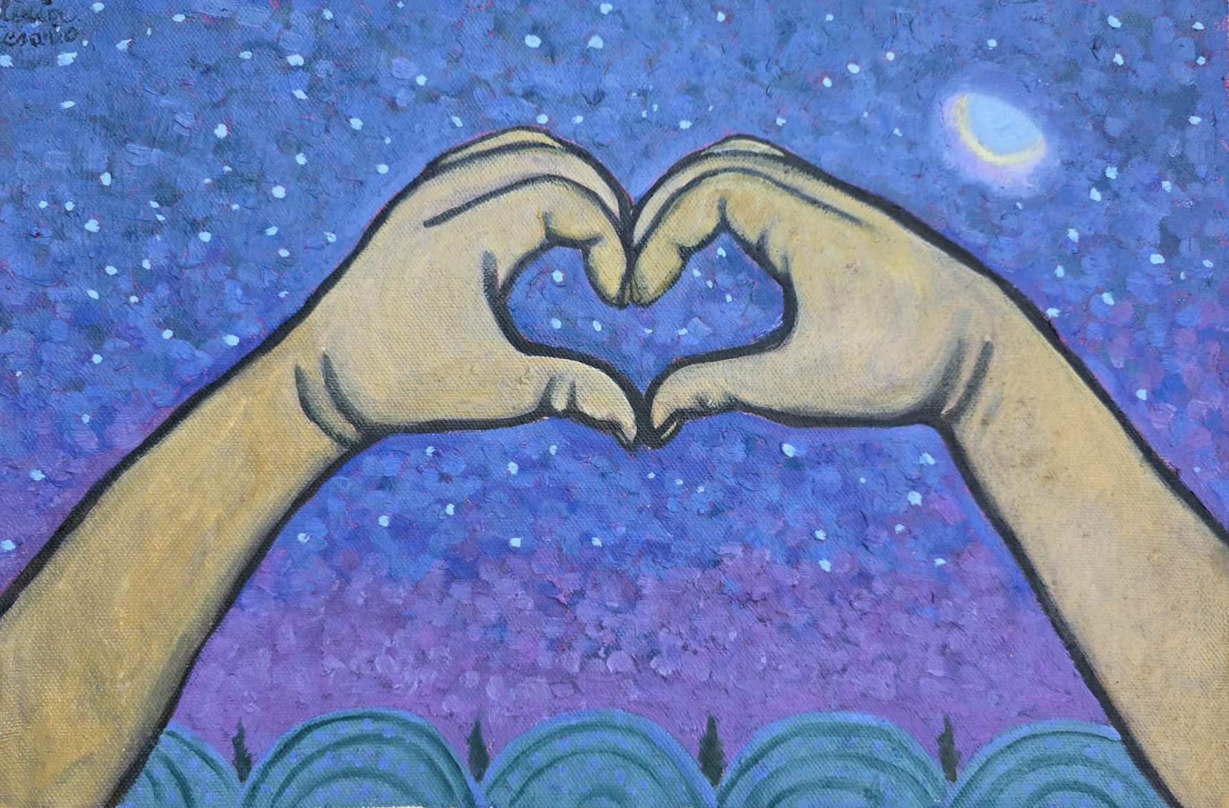 Painting of two hands making a heart shape against a starry purple sky with a crescent moon